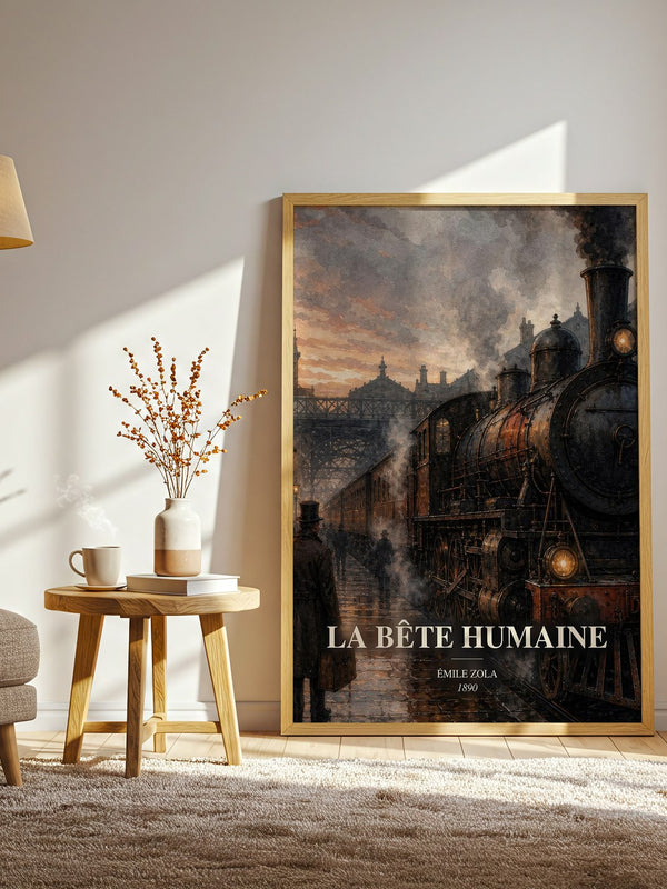 La Bête Humaine watercolour print in frame leaning in hallway – classic literature wall art