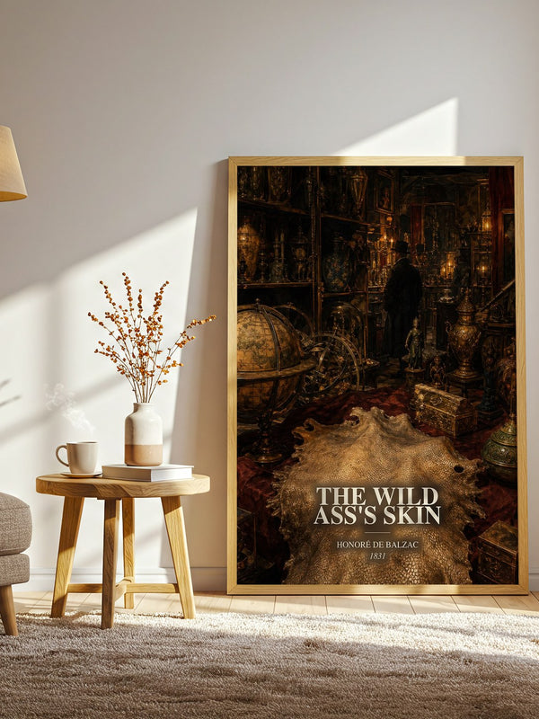 The Wild Ass's Skin watercolour print in frame leaning in hallway – literary fiction wall art