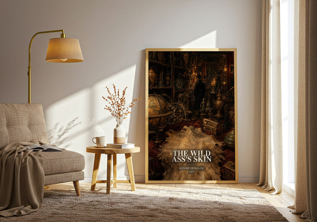 The Wild Ass's Skin watercolour print in frame leaning in hallway – literary fiction wall art (mockup)