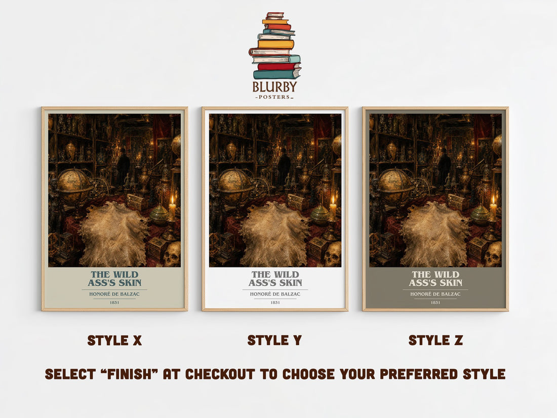 The Wild Ass's Skin book cover print in frame leaning in hallway – literary fiction wall art (mockup)