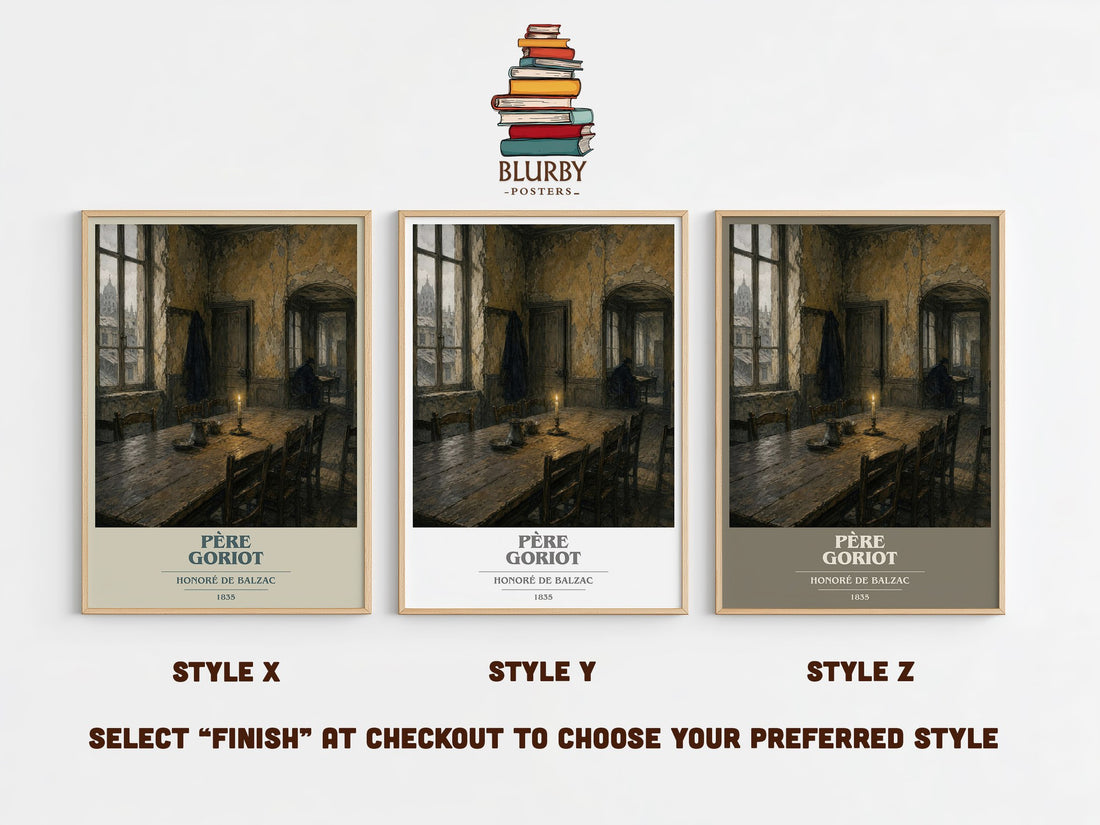 Père Goriot book cover print in frame leaning in hallway – classic literature wall art (mockup)