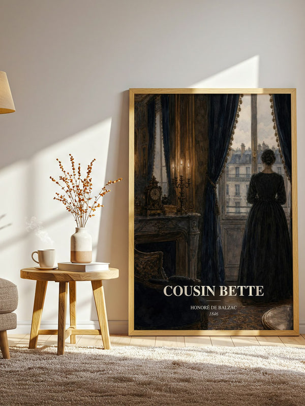 Cousin Bette watercolour print in frame leaning in hallway – classic literature wall art