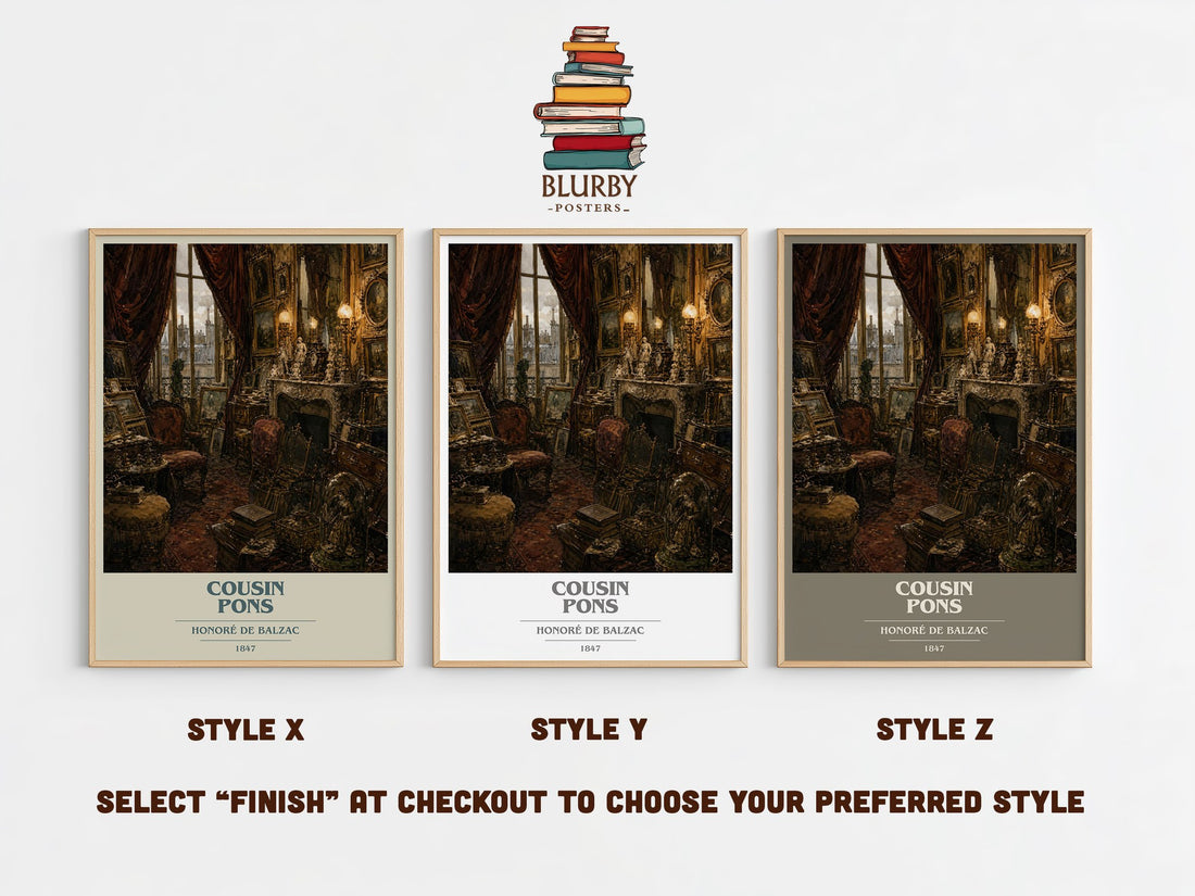 Cousin Pons book cover print in frame leaning in hallway – classic literature wall art (mockup)