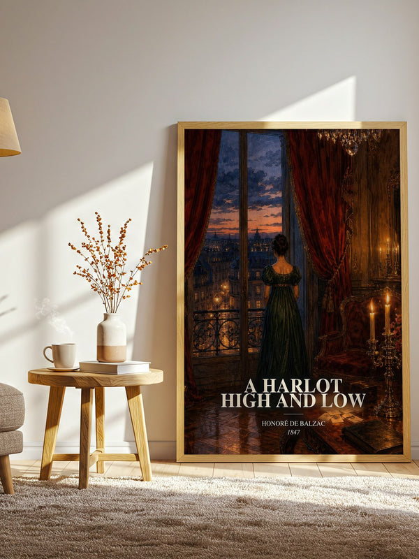 A Harlot High and Low watercolour print in frame leaning in hallway – classic literature wall art