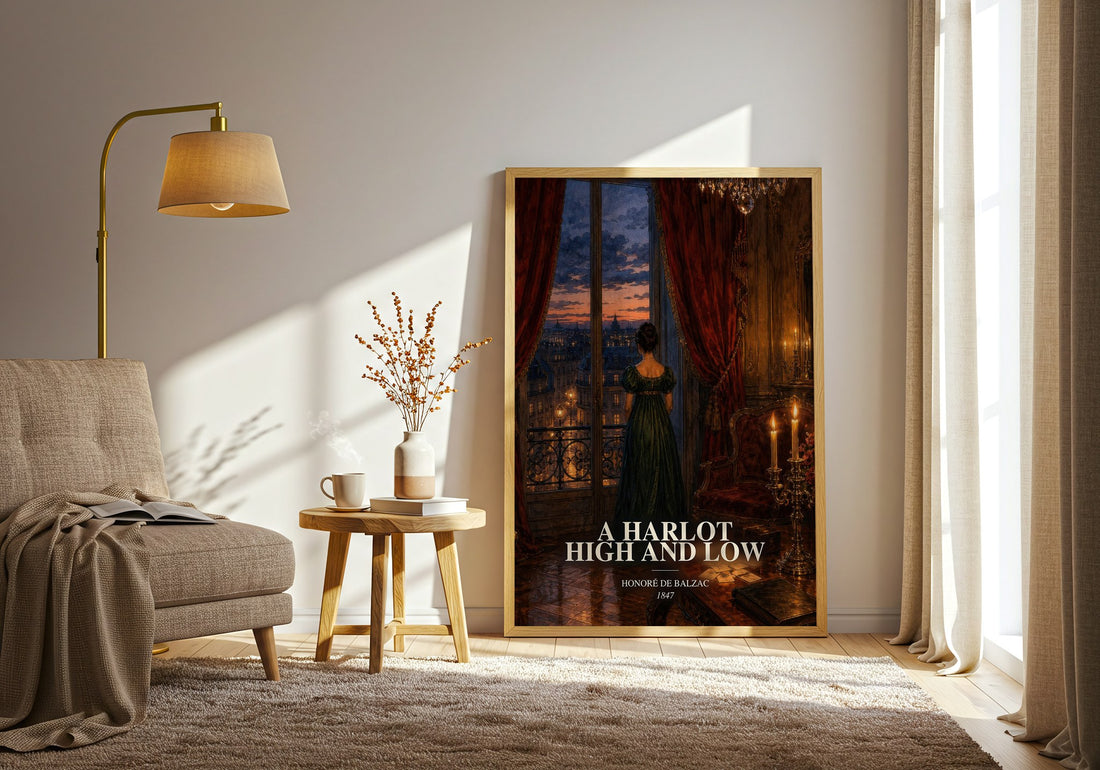 A Harlot High and Low watercolour print in frame leaning in hallway – classic literature wall art (mockup)