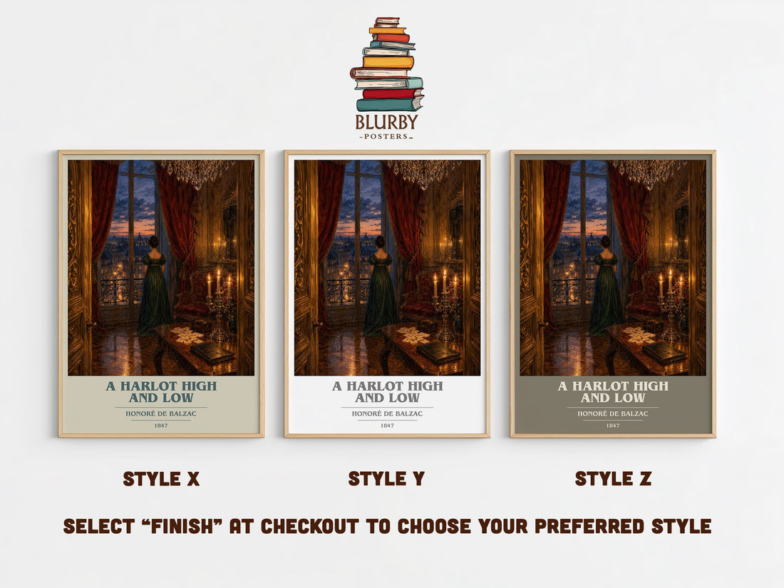 A Harlot High and Low book cover print in frame leaning in hallway – classic literature wall art (mockup)