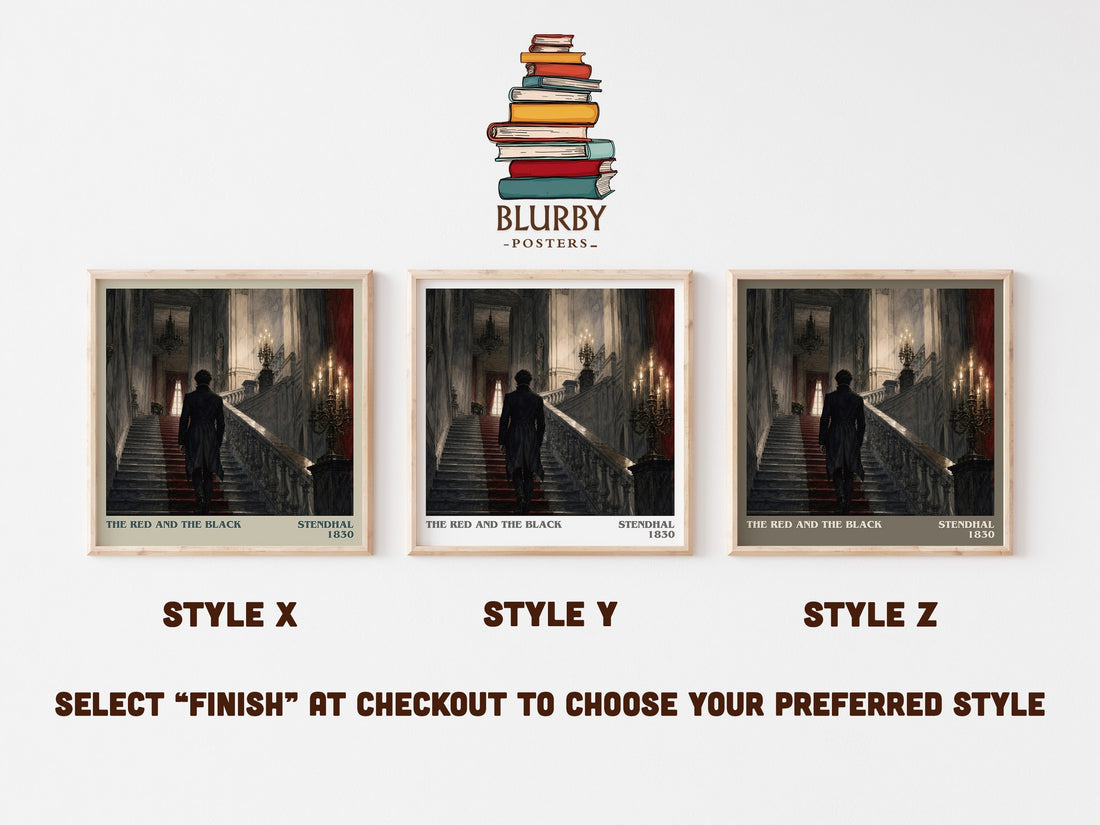 The Red and the Black literary print in frame leaning in hallway – classic literature wall art (mockup)