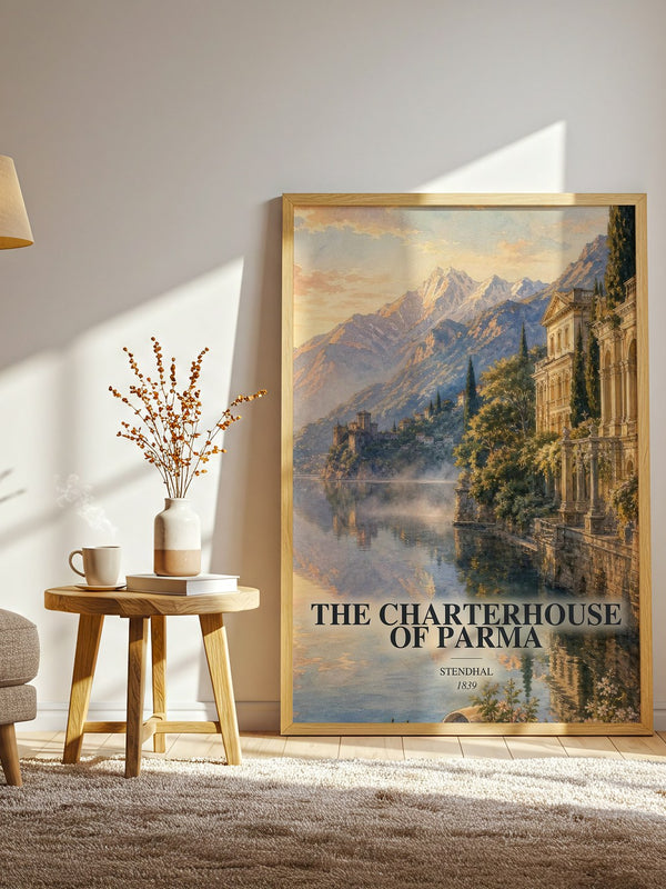 The Charterhouse of Parma watercolour print in frame leaning in hallway – classic literature wall art