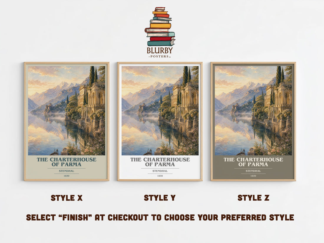 The Charterhouse of Parma book cover print in frame leaning in hallway – classic literature wall art (mockup)