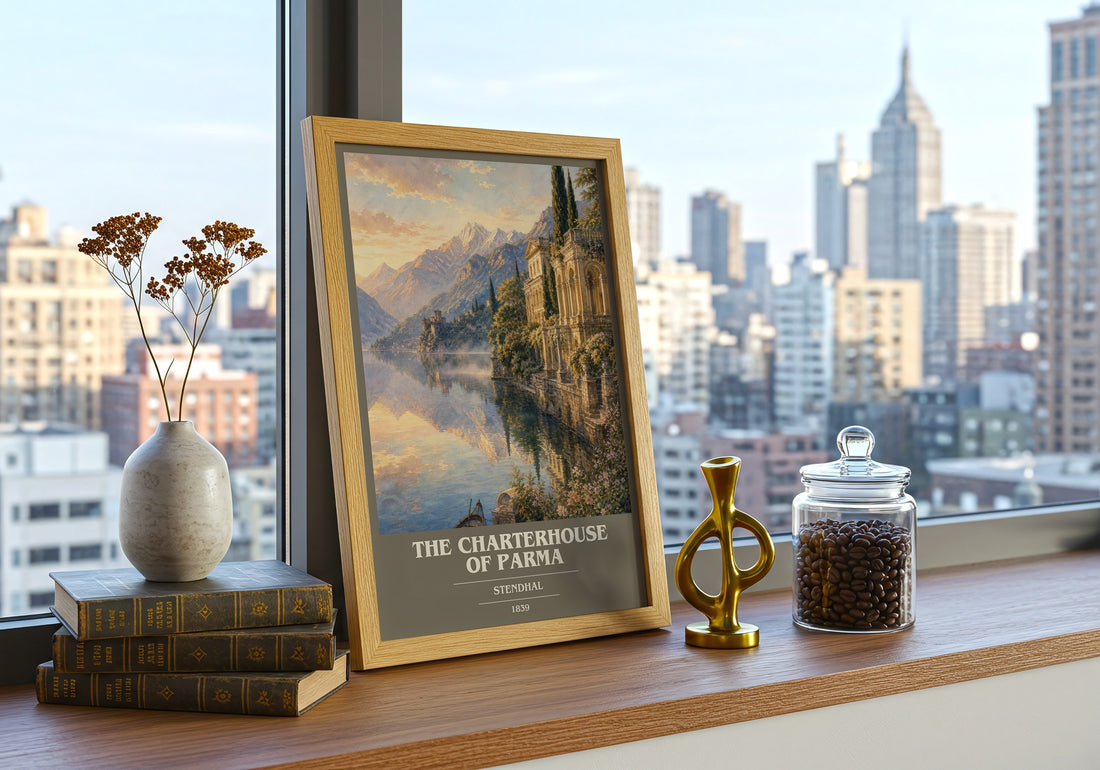 The Charterhouse of Parma book cover print framed by window – literary home decor
