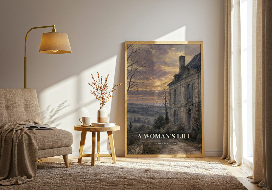 A Woman's Life watercolour print in frame leaning in hallway – literary fiction wall art (mockup)