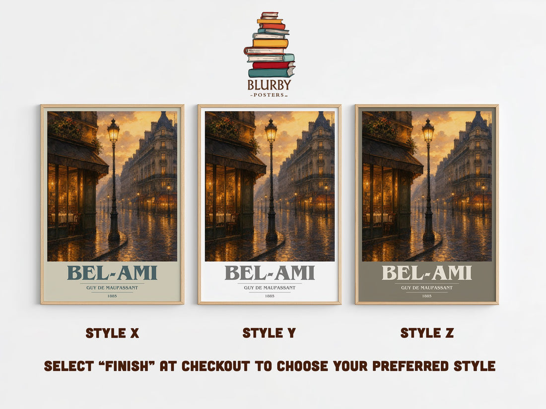 Bel-Ami book cover print in frame leaning in hallway – literary fiction wall art (mockup)