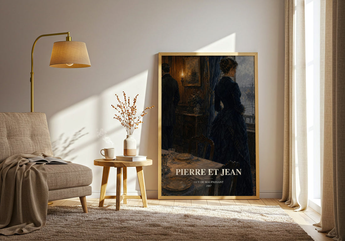 Pierre et Jean watercolour print in frame leaning in hallway – literary fiction wall art (mockup)