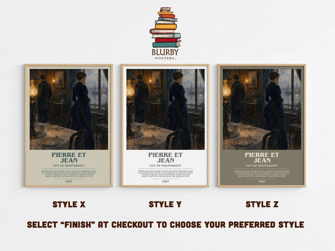 Pierre et Jean bookish print in frame leaning in hallway – literary fiction wall art (mockup)