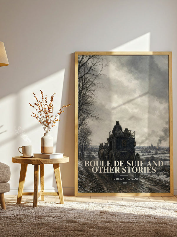 Boule de Suif and Other Stories watercolour print in frame leaning in hallway – classic literature wall art
