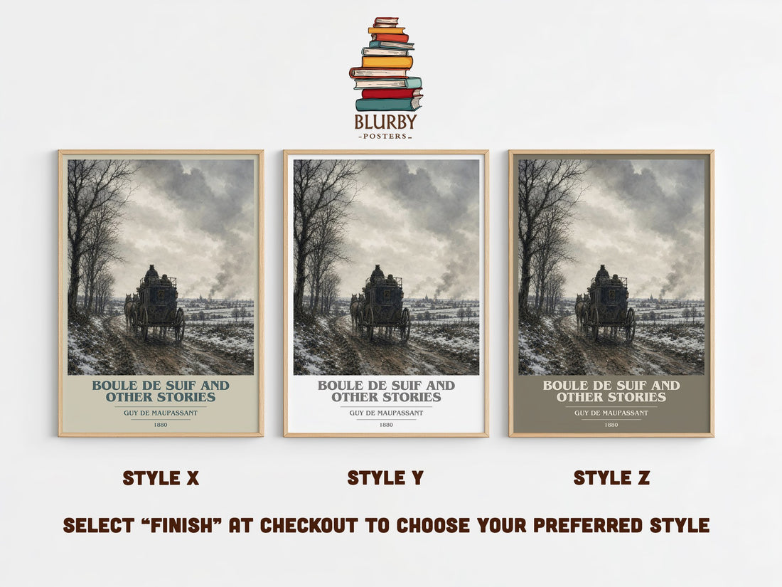 Boule de Suif and Other Stories book cover print in frame leaning in hallway – classic literature wall art (mockup)