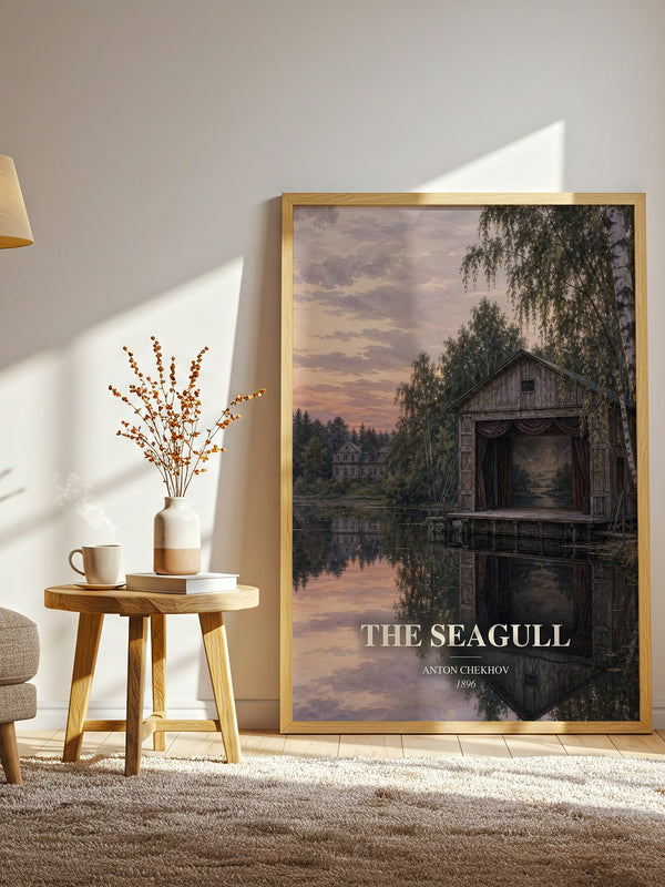 The Seagull watercolour print in frame leaning in hallway – classic literature wall art