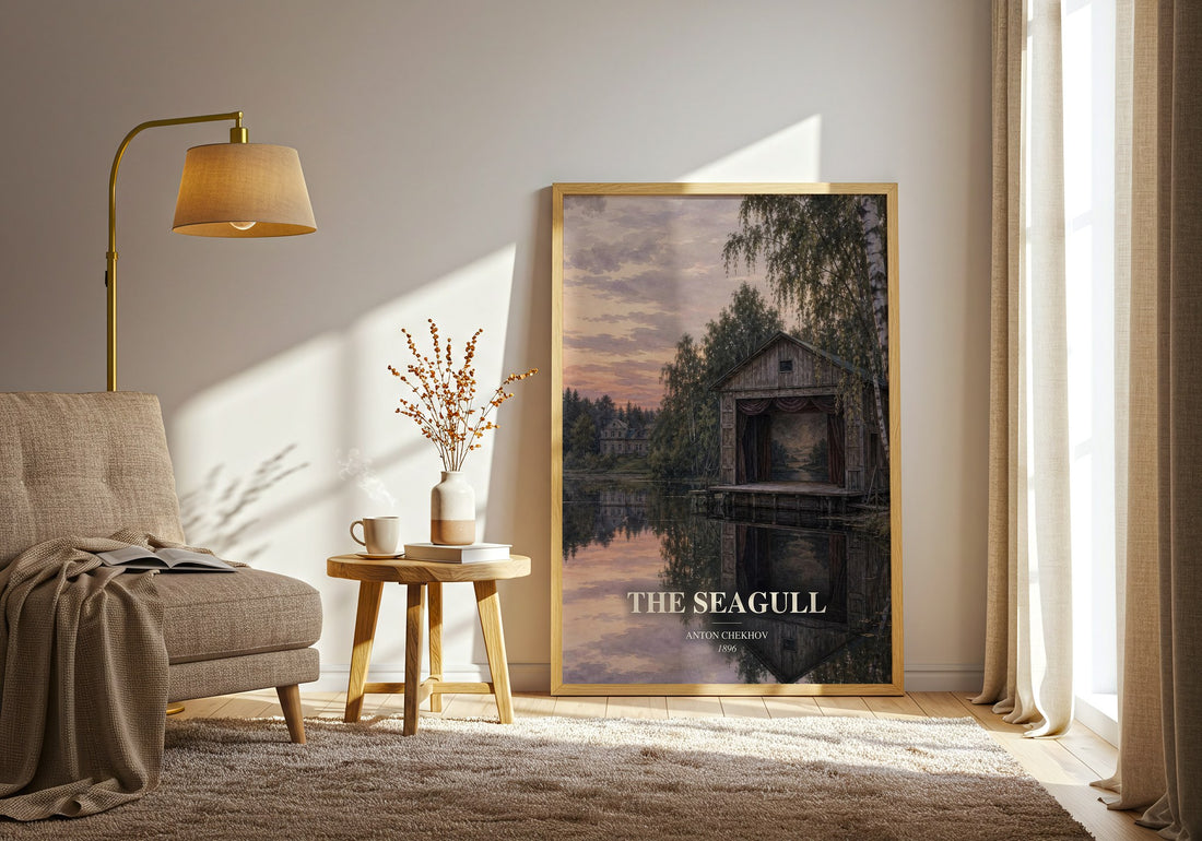 The Seagull watercolour print in frame leaning in hallway – classic literature wall art (mockup)
