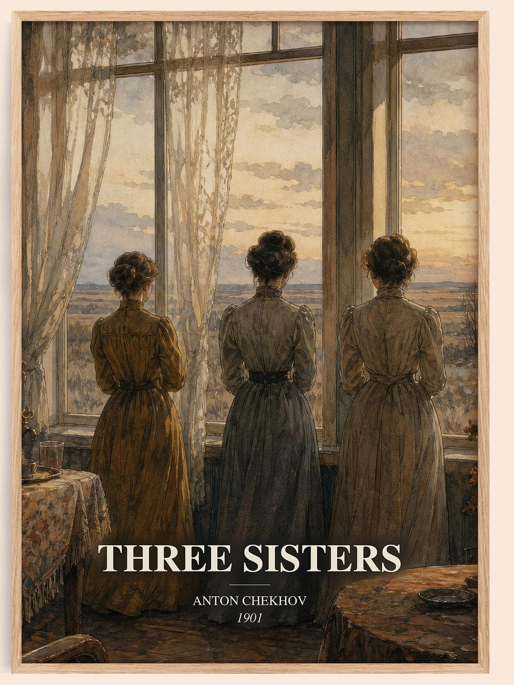 Three Sisters watercolour book poster by Anton Chekhov – framed literary art print