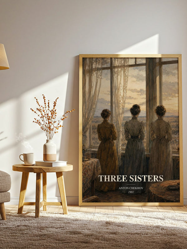 Three Sisters watercolour print in frame leaning in hallway – classic literature wall art