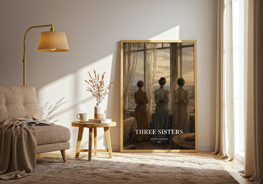 Three Sisters watercolour print in frame leaning in hallway – classic literature wall art (mockup)