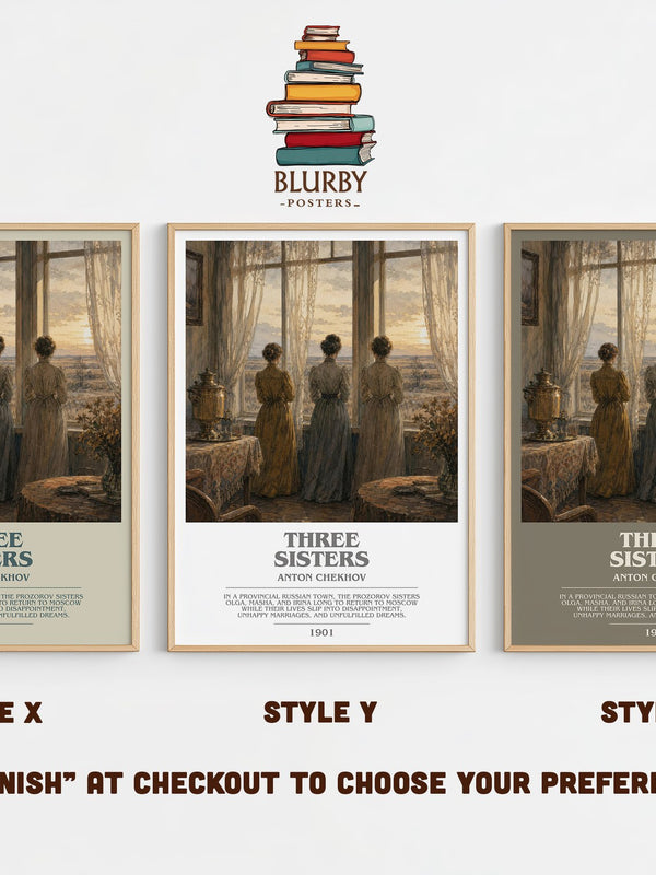 Three Sisters bookish print in frame leaning in hallway – classic literature wall art