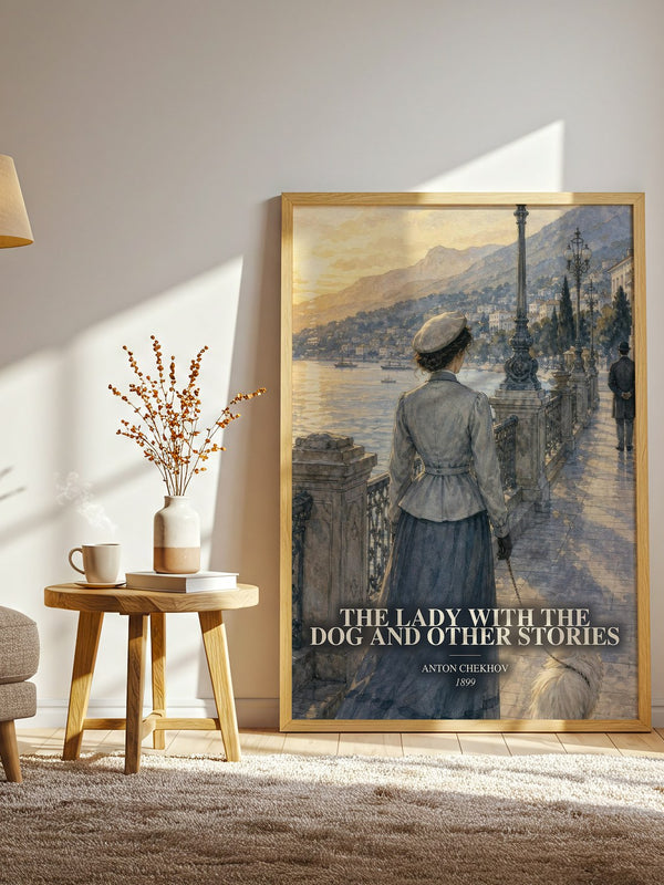 The Lady with the Dog and Other Stories watercolour print in frame leaning in hallway – literary fiction wall art