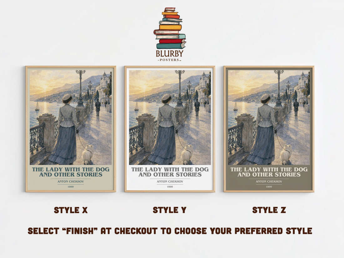 The Lady with the Dog and Other Stories book cover print in frame leaning in hallway – literary fiction wall art (mockup)