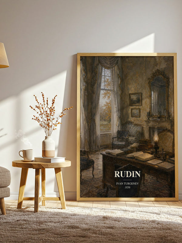 Rudin watercolour print in frame leaning in hallway – classic literature wall art