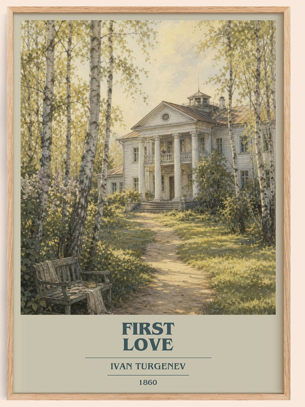 First Love book cover book poster by Ivan Turgenev – framed literary art print