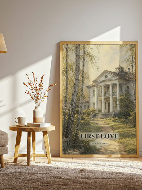 First Love watercolour print in frame leaning in hallway – classic literature wall art