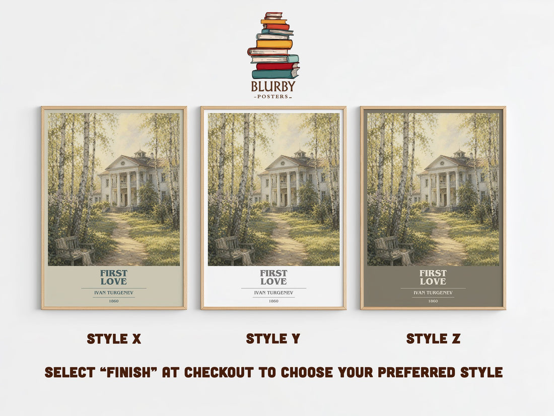 First Love book cover print in frame leaning in hallway – classic literature wall art (mockup)