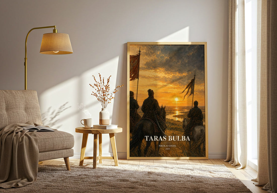 Taras Bulba watercolour print in frame leaning in hallway – historical fiction wall art (mockup)