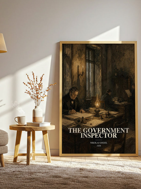The Government Inspector watercolour print in frame leaning in hallway – satire wall art