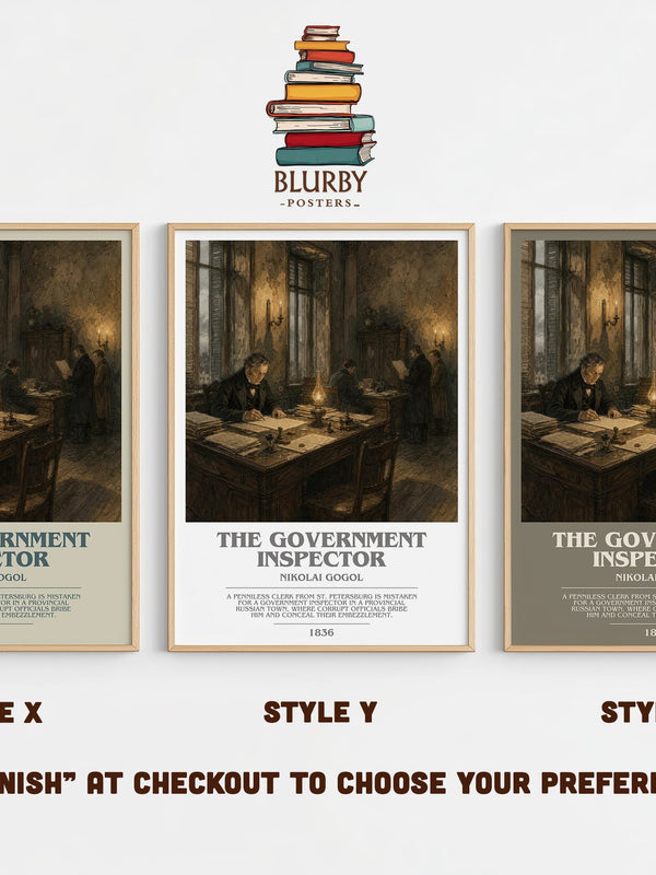 The Government Inspector bookish print in frame leaning in hallway – satire wall art