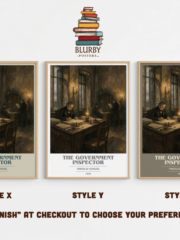 The Government Inspector book cover print in frame leaning in hallway – satire wall art