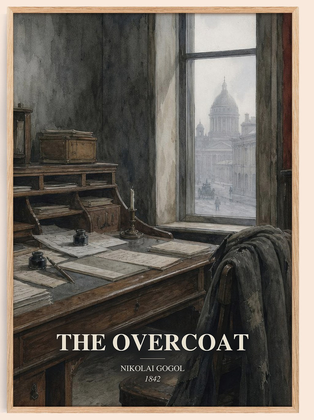 The Overcoat watercolour book poster by Nikolai Gogol – framed literary art print