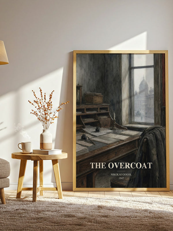 The Overcoat watercolour print in frame leaning in hallway – classic literature wall art