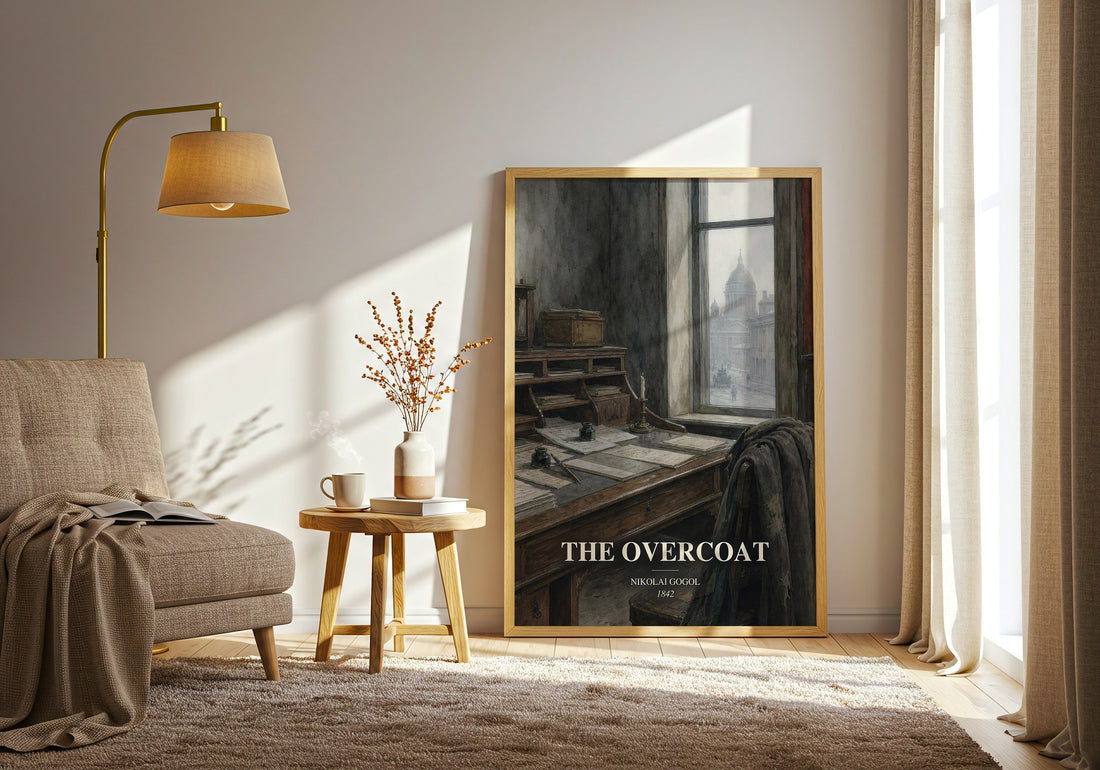 The Overcoat watercolour print in frame leaning in hallway – classic literature wall art (mockup)