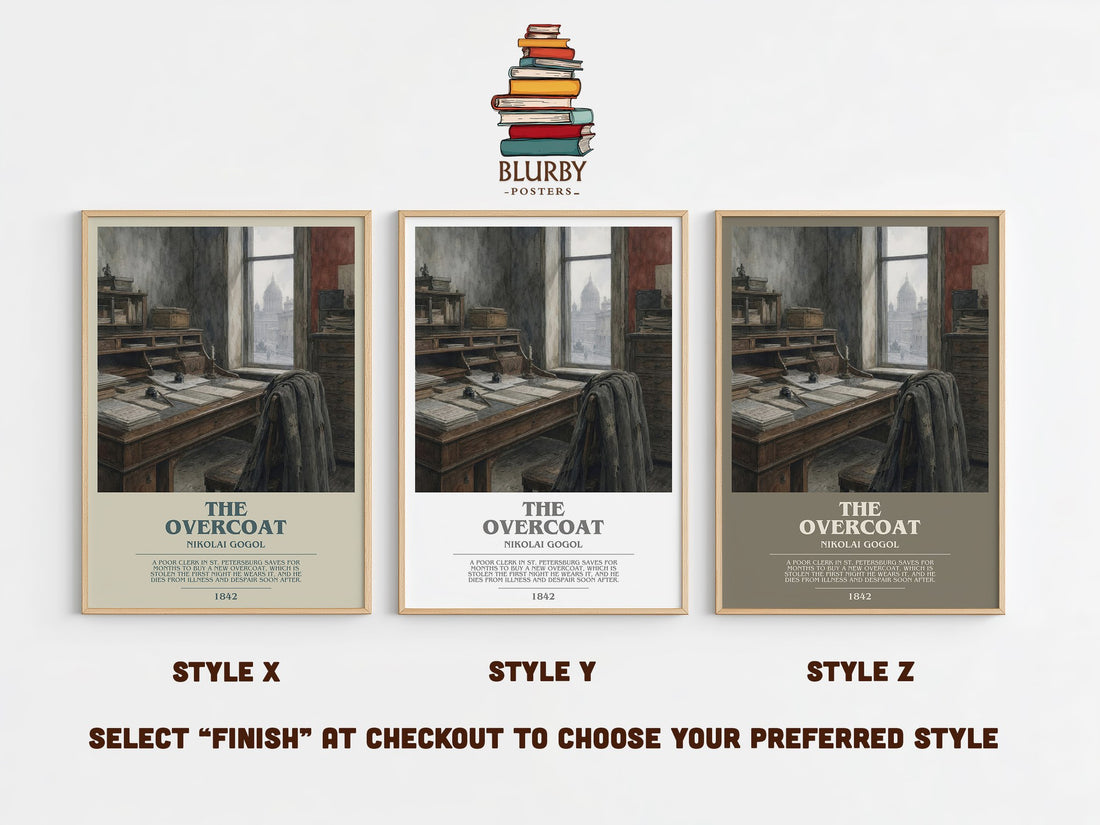 The Overcoat bookish print in frame leaning in hallway – classic literature wall art (mockup)