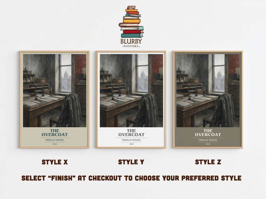 The Overcoat book cover print in frame leaning in hallway – classic literature wall art (mockup)