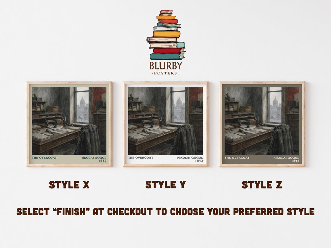 The Overcoat literary print in frame leaning in hallway – classic literature wall art (mockup)