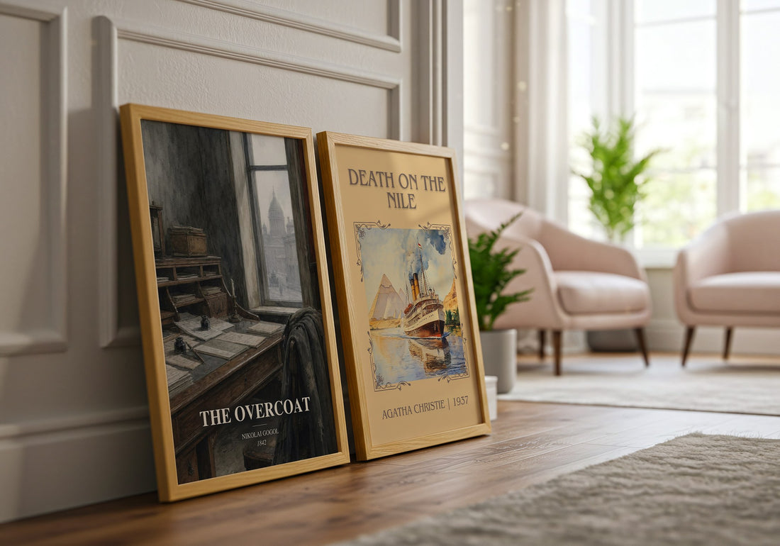 The Overcoat watercolour print framed by window – literary home decor
