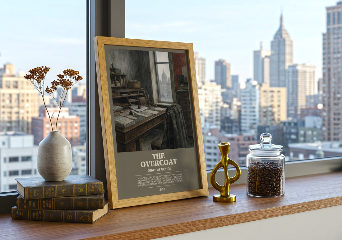 The Overcoat bookish print framed by window – literary home decor