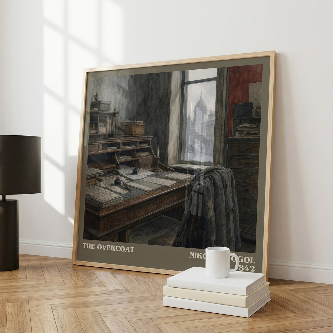 The Overcoat literary print framed by window – literary home decor