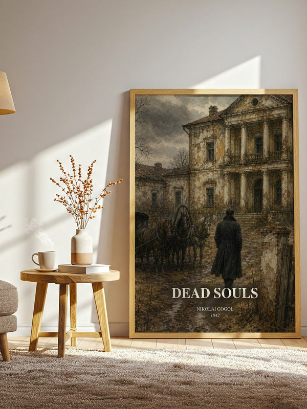 Dead Souls watercolour print in frame leaning in hallway – satire wall art