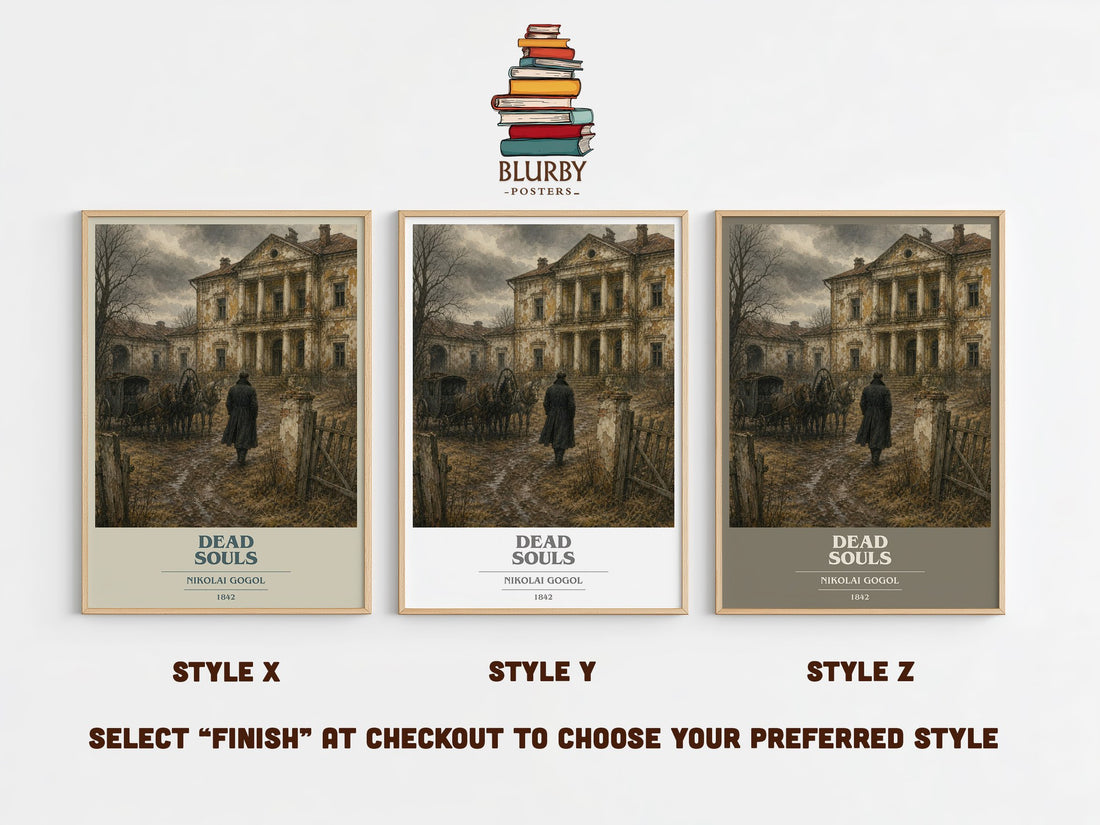 Dead Souls book cover print in frame leaning in hallway – satire wall art (mockup)