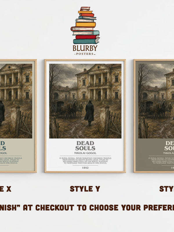 Dead Souls bookish print in frame leaning in hallway – satire wall art