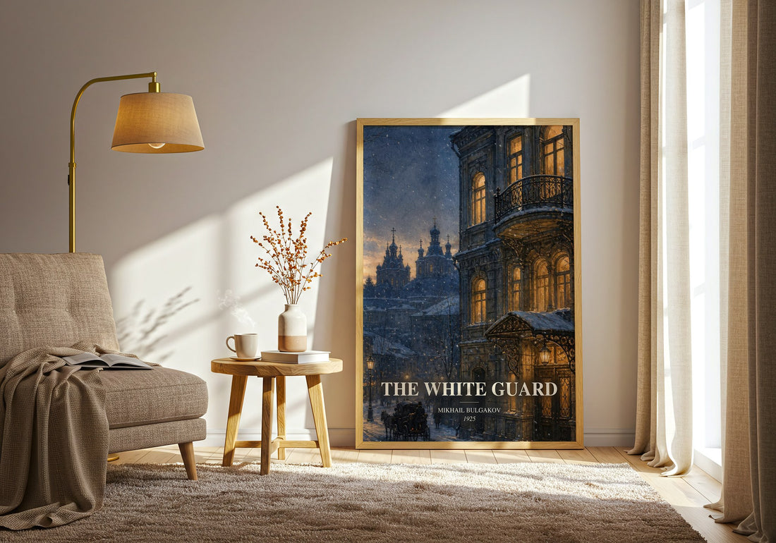 The White Guard watercolour print in frame leaning in hallway – historical fiction wall art (mockup)