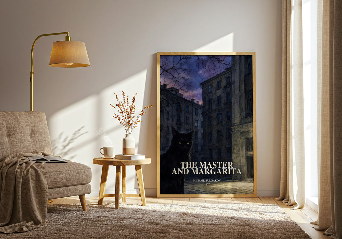 The Master and Margarita watercolour print in frame leaning in hallway – literary fiction wall art (mockup)